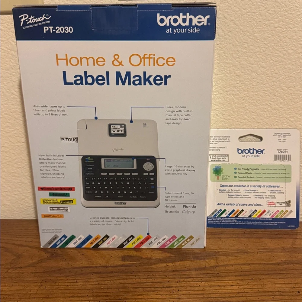 New Brother PT-2030 Label Maker with Black Print on White Tape